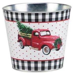 Vintage Red Christmas Truck Tin Pot - 5" Diameter, 4.5" Tall, Black & White Plaid, White, Christmas Tree, Home Decor, Flower Pot, Garden Decor, Festive Succulent Pot, Gift Basket, Candle Holder
