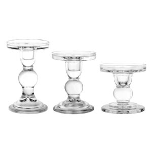 BTGLLAS 3-Piece Set of Glass Candlestick, Crystal Candlestick Holder Holder and Conical Candle, Christmas Candle Holder Decoration, Family Living Room Wedding Candle Holder (Clear)