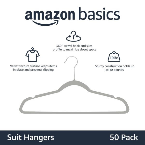 Amazon Basics Slim, Velvet, Non-Slip Suit Clothes Hangers, Gray/Silver - Pack of 50 - Image 2