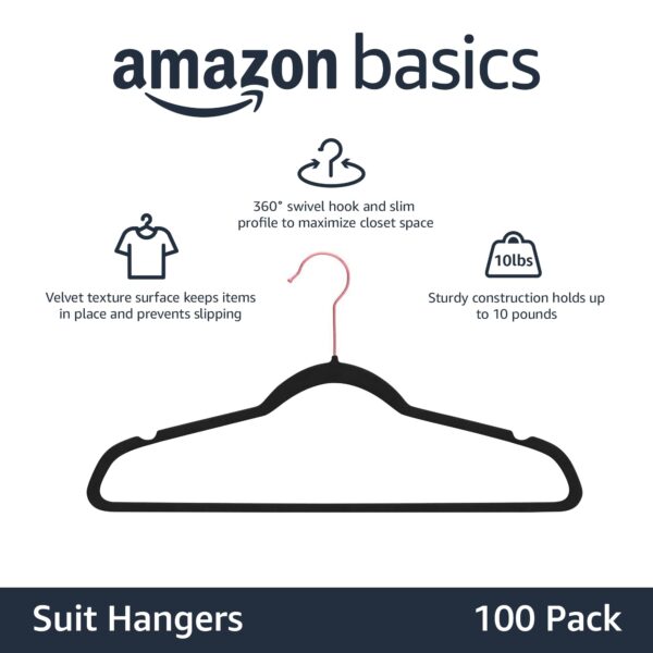 Amazon Basics Slim, Velvet, Non-Slip Suit Clothes Hangers, Black/Rose Gold - Pack of 100 - Image 2