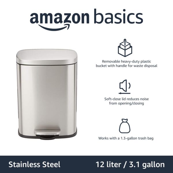 Amazon Basics Smudge Resistant Small Rectangular Trash Can With Soft-Close Foot Pedal, Brushed Stainless Steel, 12 Liter/3.1 Gallon, Satin Nickel Finish, 11.3"L x 9.9"W x 15.1"H - Image 2