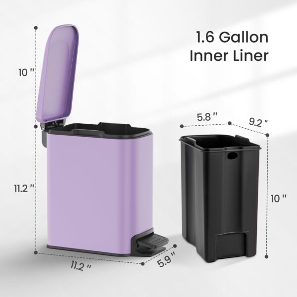 Cesun Small Bathroom Trash Can with Lid Soft Close, Step Pedal, 6 Liter / 1.6 Gallon Stainless Steel Garbage Can with Removable Inner Bucket, Anti-Fingerprint Finish (Purple) - Image 6
