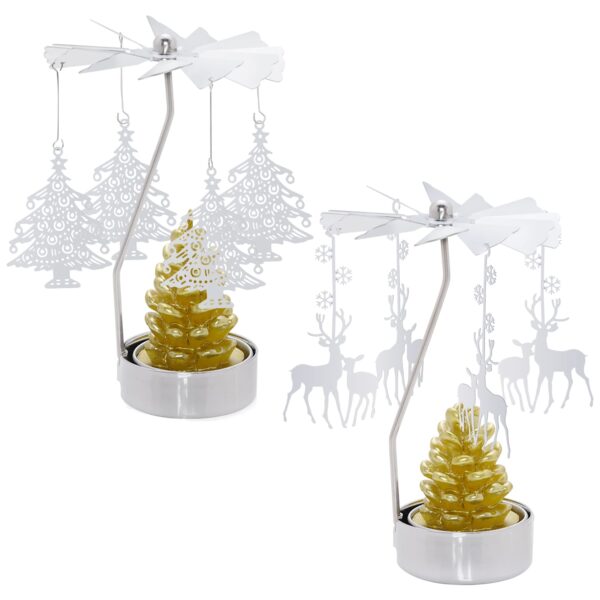 2 Pcs Rotary Candle Holder Spinning Candleholder Christmas Tree & Reindeer Style - Image 2