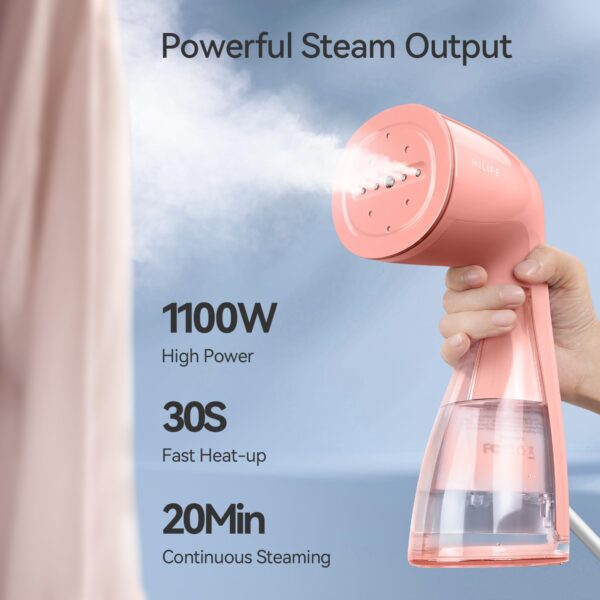 HiLIFE Steamer for Clothes, 1100W Clothes Steamer, Fast Wrinkle Removal with Large 300ml Tank, Ideal for All Fabrics, Easy to Use, Compact and Portable Travel Garment Steamer-Pink - Image 2