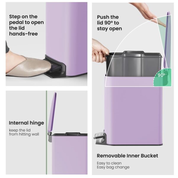Cesun Small Bathroom Trash Can with Lid Soft Close, Step Pedal, 6 Liter / 1.6 Gallon Stainless Steel Garbage Can with Removable Inner Bucket, Anti-Fingerprint Finish (Purple) - Image 5