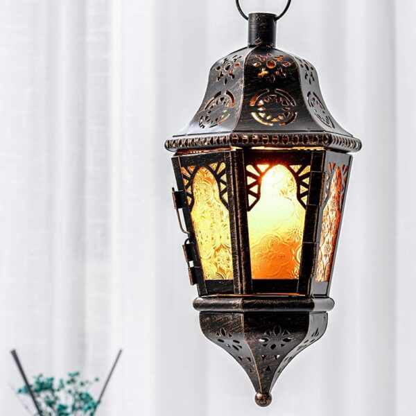 DECORKEY Moroccan Lantern Decorative Indoor & Outdoor, 13.6’’ Vintage Decorative Hanging Lanterns with Chian for Home Porch Patio Decor, Metal Ramadan Christmas Candle Holder Decorations (Amber) - Image 8