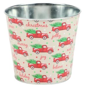 Rustic Trucks Christmas Tin Pot - 5" Diameter,. 4.5" Tall, Natural, Red, Green, Christmas Tree, Home Decor, Flower Pot, Garden Decor, Festive Succulent Pot, Gift Basket, Candle Holder