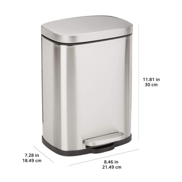 Amazon Basics Smudge Resistant Mini Rectangular Trash Can With Soft-Close Foot Pedal, Brushed Stainless Steel, for Bathroom & small space, 5 L /1.32 Gal, Satin Nickel Finish, 7.3x8.5 x11.8 in (LxWxH) - Image 4