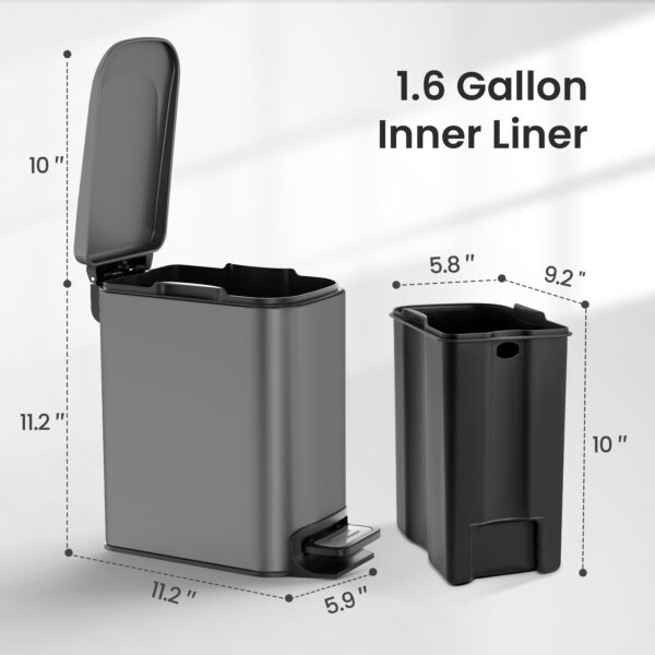 Cesun Small Bathroom Trash Can with Lid Soft Close, Step Pedal, 6 Liter / 1.6 Gallon Stainless Steel Garbage Can with Removable Inner Bucket, Anti-Fingerprint Finish (Gray) - Image 6