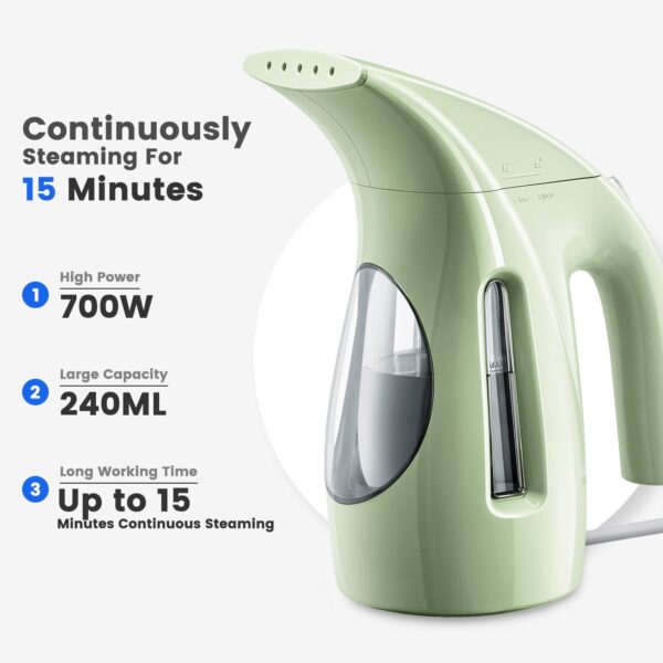 HiLIFE Steamer for Clothes, Portable Handheld Design, 240ml Big Capacity, 700W, Strong Penetrating Steam, Removes Wrinkle, for Home, Office and Travel(ONLY FOR 120V)(Green) - Image 2