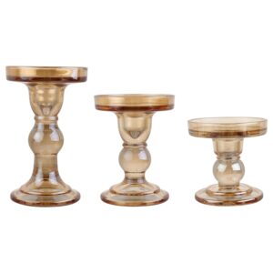 BTGLLAS 3-Piece Set of Amber Glass Candlestick, Crystal Candlestick Holder Holder and Conical Candle, Christmas Candle Holder Decoration, Family Living Room Wedding Candle Holder (Amber)