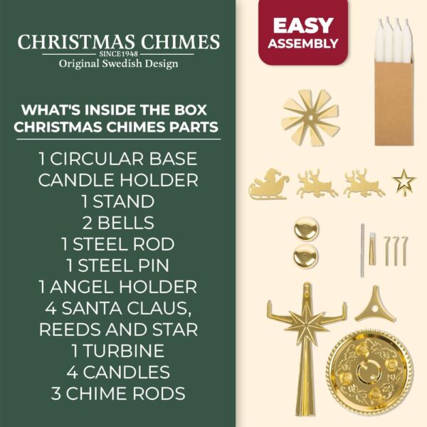 Original Swedish Christmas Chimes, Santa, Carousel and 4 Candles – Scandinavian Spinning Festive Chimes for Christmas, Best Memorial Gift Since 1948, Home Decorations - Brass - Image 3