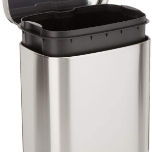 Amazon Basics Smudge Resistant Small Rectangular Trash Can With Soft-Close Foot Pedal, Brushed Stainless Steel, 12 Liter/3.1 Gallon, Satin Nickel Finish, 11.3"L x 9.9"W x 15.1"H