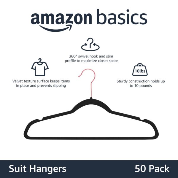 Amazon Basics Slim, Velvet, Non-Slip Suit Clothes Hangers, Black/Rose Gold - Pack of 50 - Image 2