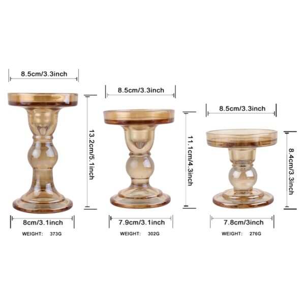 BTGLLAS 3-Piece Set of Amber Glass Candlestick, Crystal Candlestick Holder Holder and Conical Candle, Christmas Candle Holder Decoration, Family Living Room Wedding Candle Holder (Amber) - Image 3