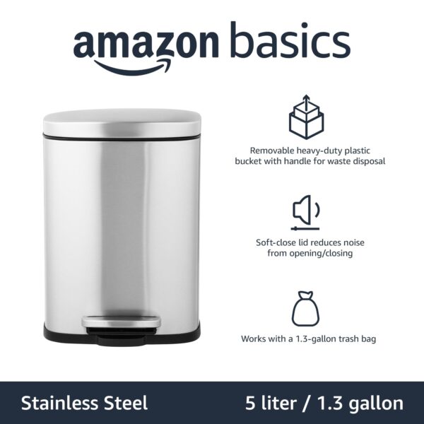 Amazon Basics Smudge Resistant Mini Rectangular Trash Can With Soft-Close Foot Pedal, Brushed Stainless Steel, for Bathroom & small space, 5 L /1.32 Gal, Satin Nickel Finish, 7.3x8.5 x11.8 in (LxWxH) - Image 5