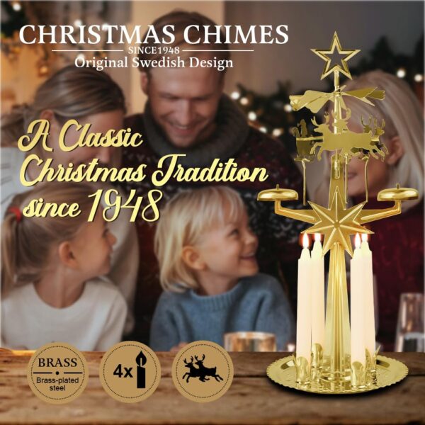 Original Swedish Christmas Chimes, Santa, Carousel and 4 Candles – Scandinavian Spinning Festive Chimes for Christmas, Best Memorial Gift Since 1948, Home Decorations - Brass - Image 5