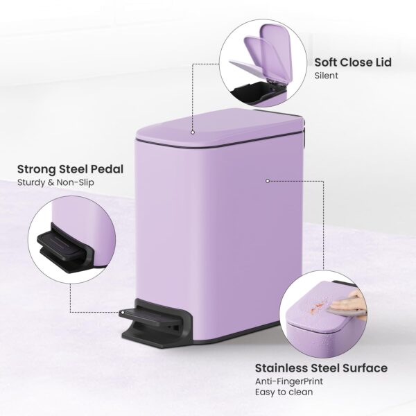 Cesun Small Bathroom Trash Can with Lid Soft Close, Step Pedal, 6 Liter / 1.6 Gallon Stainless Steel Garbage Can with Removable Inner Bucket, Anti-Fingerprint Finish (Purple) - Image 4