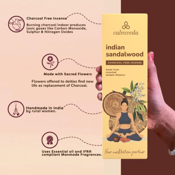 Indian Sandalwood Incense Sticks - 80 Sticks, Charcoal Free, Upcycled Flowers, All Natural, Non Toxic, Meditation & Stress Relief - Image 2