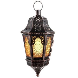DECORKEY Moroccan Lantern Decorative Indoor & Outdoor, 13.6’’ Vintage Decorative Hanging Lanterns with Chian for Home Porch Patio Decor, Metal Ramadan Christmas Candle Holder Decorations (Amber)