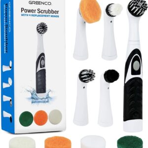 Greenco Electric Scrub Brush with 4 Replaceable Brush Attachment Heads, Electric Cleaning Brush Scrubber, Spin Scrubber, Bathroom and Grout Auto Power Scrubber, New and Improved Version