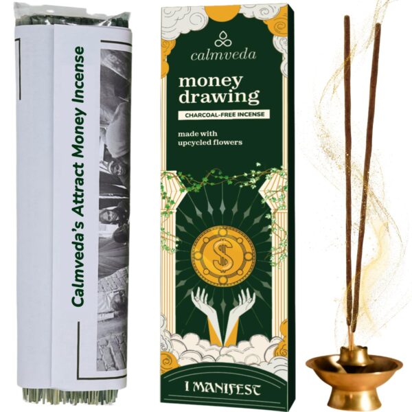 CALMVEDA Attract Money Incense Sticks - for Manifestating Abundance (80+ Sticks) with Aventurine Crystal Keychain for Unlocking Wealth | Spicy Aroma of Cinnamon Incense & Clove