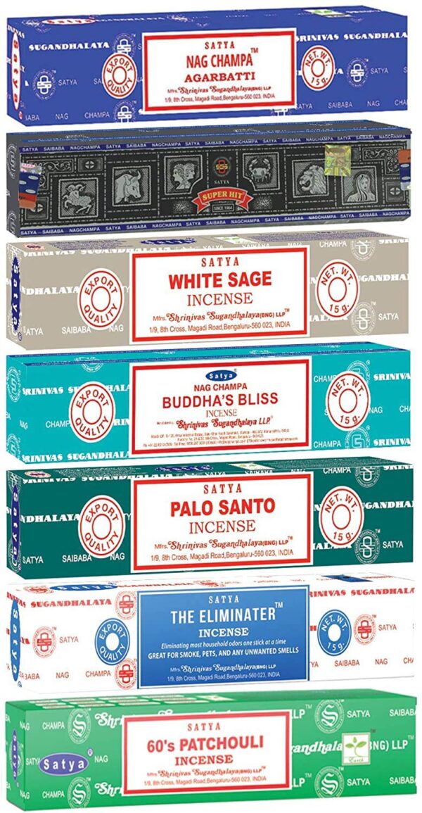 Satya Incense Sticks Gift Set, 7 Scents, Nag Champa, Super Hit, Dragon's Blood, Sandalwood, Patchouli, Lavender, Positive Vibes, 15g Each (Smudge) - Image 2