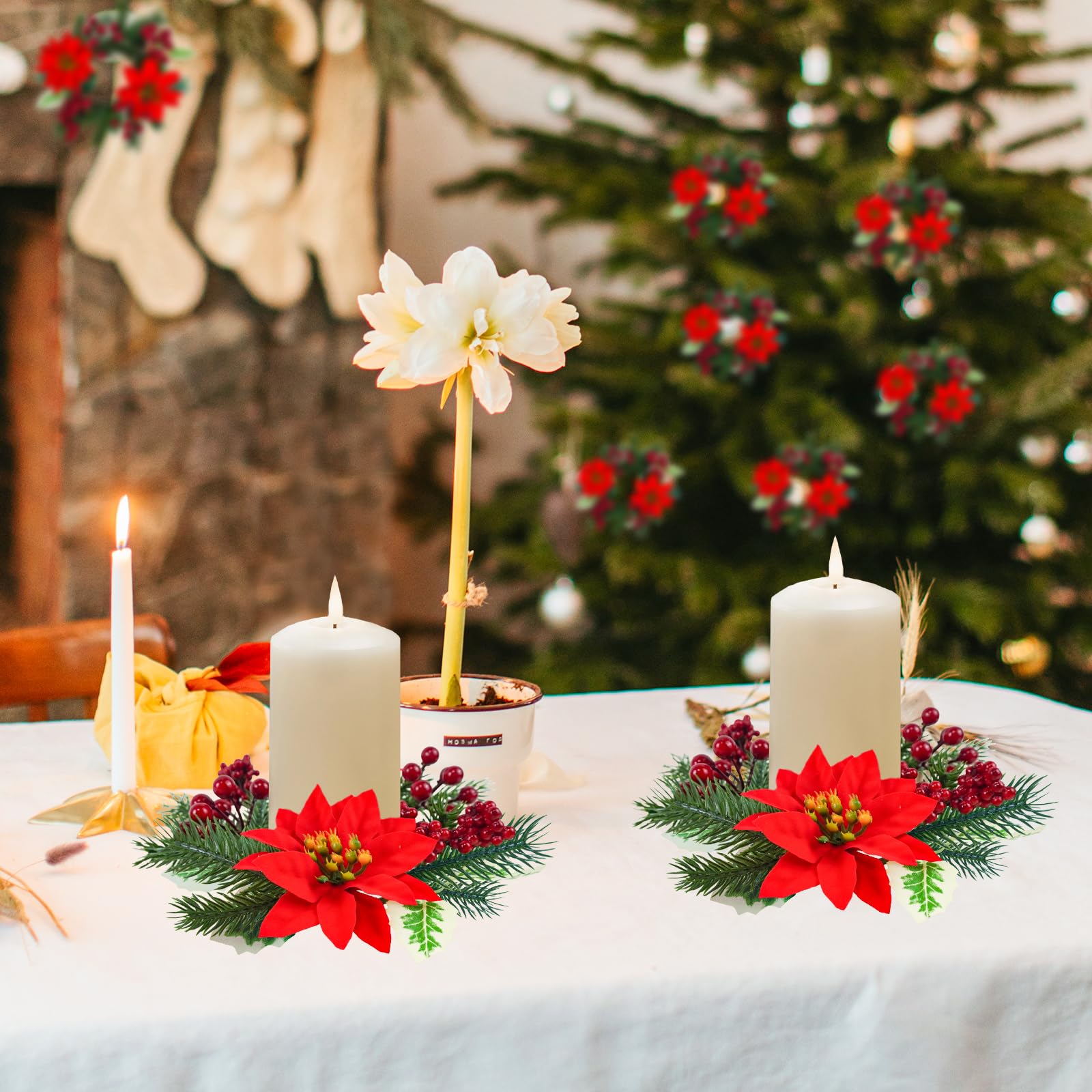 Caplidou 8 Pcs Christmas Candle Rings, Small Christmas Candle Wreath with Artificial Poinsettias Red Berries Mini Candle Wreaths Rings for Pillars Cabinets Table Centerpieces Windows Kitchen Decor - Image 6