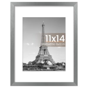 upsimples 11x14 Picture Frame, Display Pictures 8x10 with Mat or 11 x 14 Without, Wall Hanging Photo Frames, Metallic Gray, 1 Pack