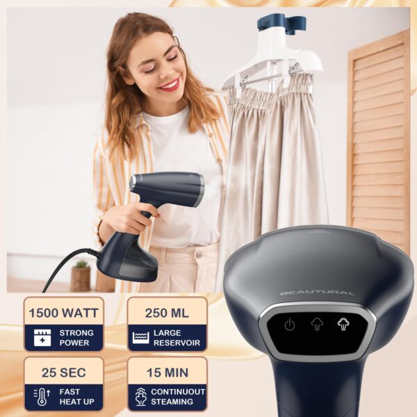 BEAUTURAL Handheld Garment Steamer for Clothes, Handheld steamer with Foldable Design, Easy to Remove Wrinkles, 1500W, 25-Second Fast Heat up, 2 Steam Level Setting with Continuous Steaming - Image 2
