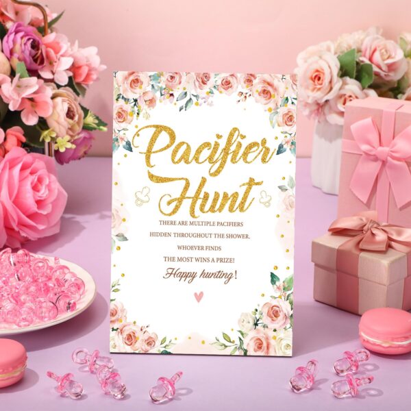 Thyle 51 Pcs Pacifier Hunt Baby Shower Games Include Hunt Sign and 50 Acrylic Pacifiers for Baby Shower Game Decoration Gift Sets Gender Reveal Party Decor(Flower) - Image 2