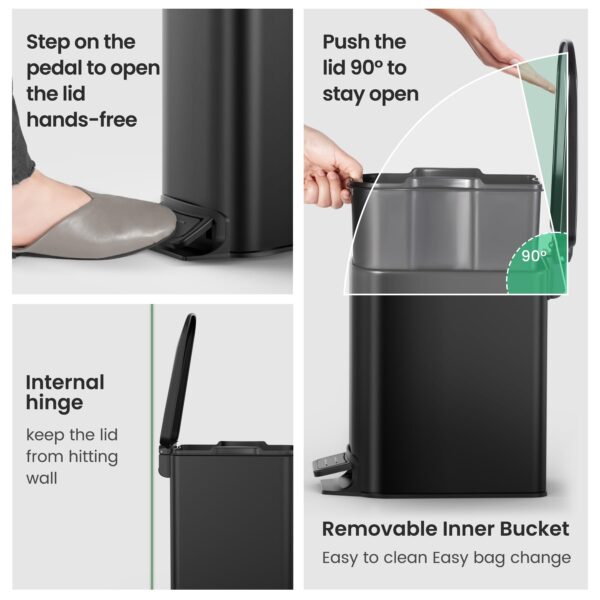 Cesun Small Bathroom Trash Can with Lid Soft Close, Step Pedal, 6 Liter / 1.6 Gallon Stainless Steel Garbage Can with Removable Inner Bucket, Anti-Fingerprint Finish (Matt Black) - Image 5