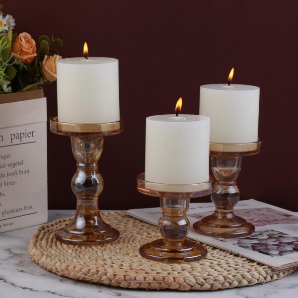 BTGLLAS 3-Piece Set of Amber Glass Candlestick, Crystal Candlestick Holder Holder and Conical Candle, Christmas Candle Holder Decoration, Family Living Room Wedding Candle Holder (Amber) - Image 5