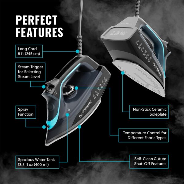 Pursteam SteamBurst+ 1750W Steam Iron, Ceramic Soleplate, Adjustable Steam, Burst of Steam, Self-Clean, Anti-Calc, Anti-Drip, Powerful & Long-Lasting Steam for All Fabrics - Image 6