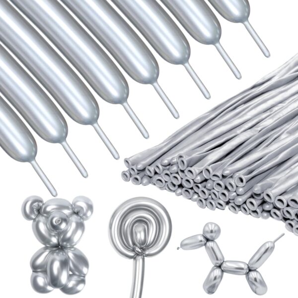 ZBYDNG Metallic Silver Long Balloons Premium 260 Twisting Magic Balloons for Birthday Kids Wedding Party Supply 100pcs