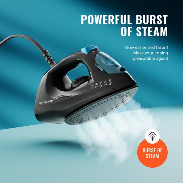 PurSteam Professional 1250W Steam Iron | Powerful Steamer with Burst of Steam & Spray | Non-Stick Soleplate, Easy Temperature Control & Auto Shut-Off - Image 5