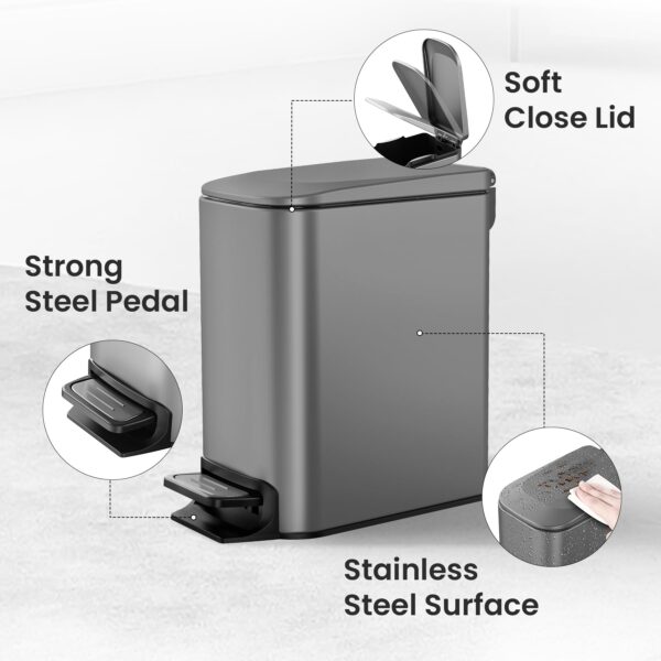 Cesun Small Bathroom Trash Can with Lid Soft Close, Step Pedal, 6 Liter / 1.6 Gallon Stainless Steel Garbage Can with Removable Inner Bucket, Anti-Fingerprint Finish (Gray) - Image 4