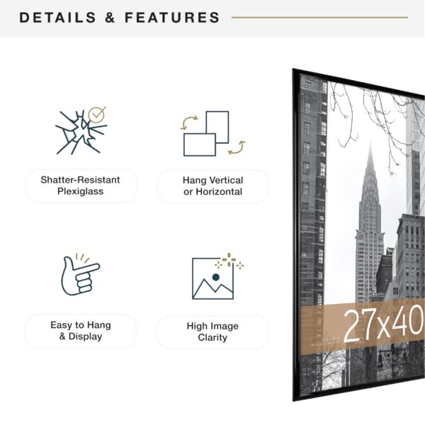 MCS Trendsetter Movie Poster Frame 27x40 Black High-Gloss, Vertical & Horizontal Wall Hanging Large Picture Frame for Photos, Artwork & Custom Posters (1-Pack) - Image 6