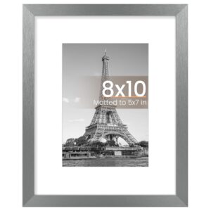 upsimples 8x10 Picture Frame, Display Pictures 5x7 with Mat or 8 x 10 Without, Wall Hanging Photo Frames, Metallic Gray, 1 Pack