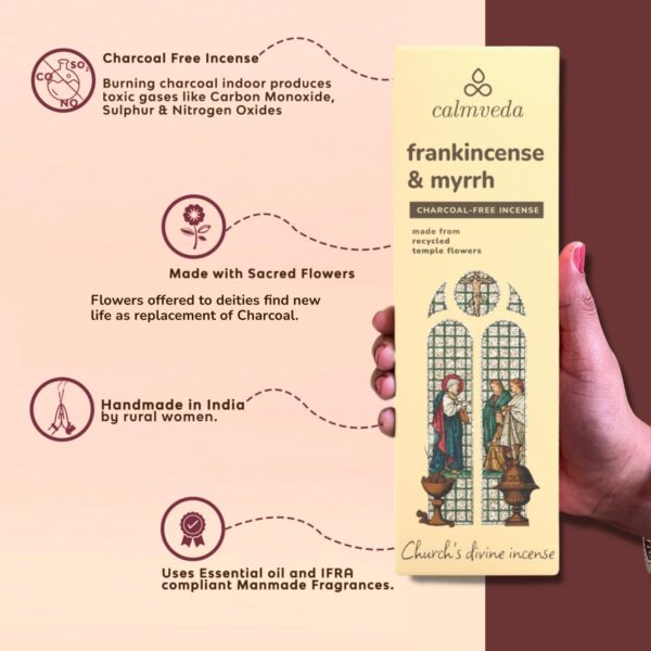 Calmveda Church Frankincense and Myrrh Incense - (80 Sticks) Charcoal Free Incense, Made from upcycled Flowers | Used as Spiritual Healing Incense in Church (Handmade Olibanum Incense) - Image 2
