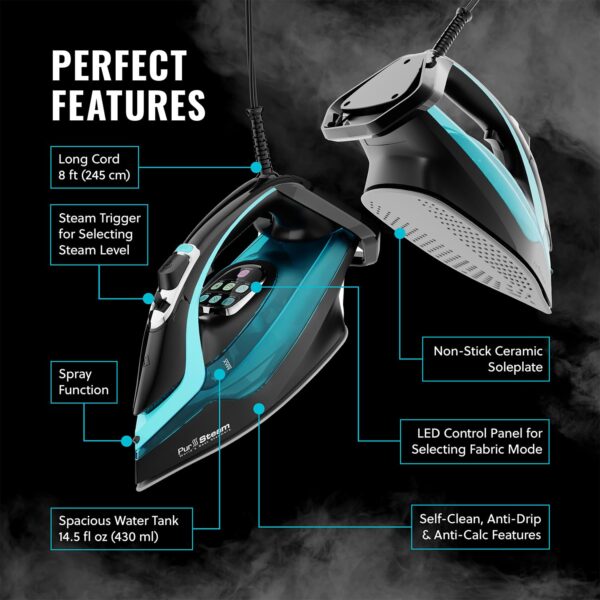 PurSteam SteamTech Elite 1750W Steam Iron, Digital Temp Control & LED Display, Ceramic Soleplate, Adjustable Steam, Self-Clean, Anti-Calc, Anti-Drip, Auto Shut-Off - Image 7