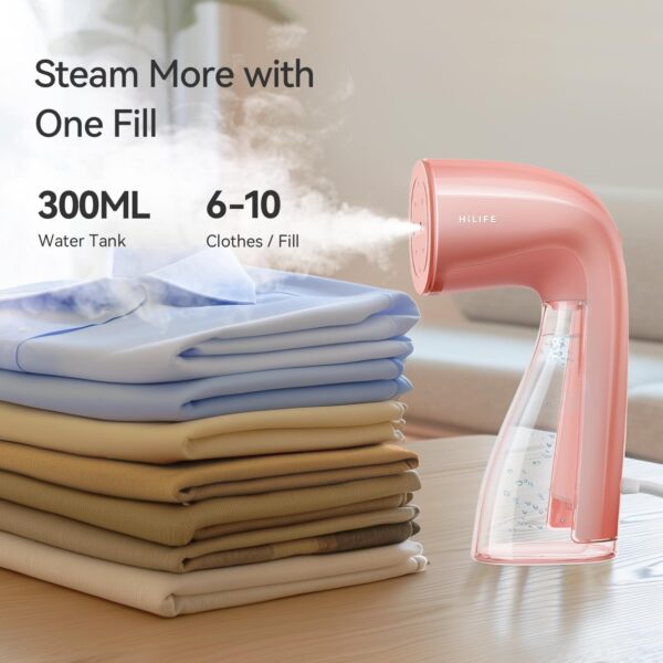 HiLIFE Steamer for Clothes, 1100W Clothes Steamer, Fast Wrinkle Removal with Large 300ml Tank, Ideal for All Fabrics, Easy to Use, Compact and Portable Travel Garment Steamer-Pink - Image 3