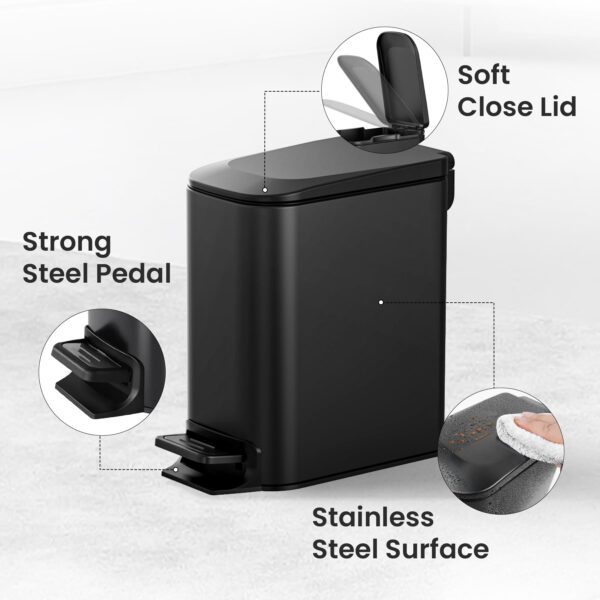 Cesun Small Bathroom Trash Can with Lid Soft Close, Step Pedal, 6 Liter / 1.6 Gallon Stainless Steel Garbage Can with Removable Inner Bucket, Anti-Fingerprint Finish (Matt Black) - Image 4
