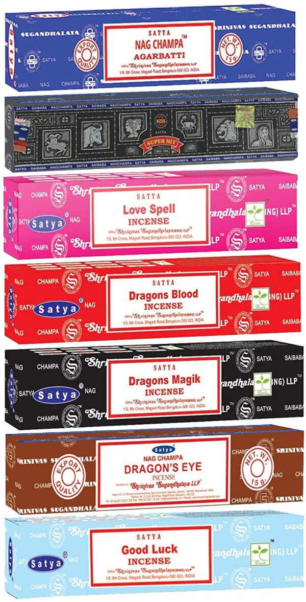 Satya Incense Sticks Gift Set, 7 Scents, Nag Champa, Super Hit, Dragon's Blood, Sandalwood, Patchouli, Lavender, Positive Vibes, 15g Each (Magic Mix) - Image 2