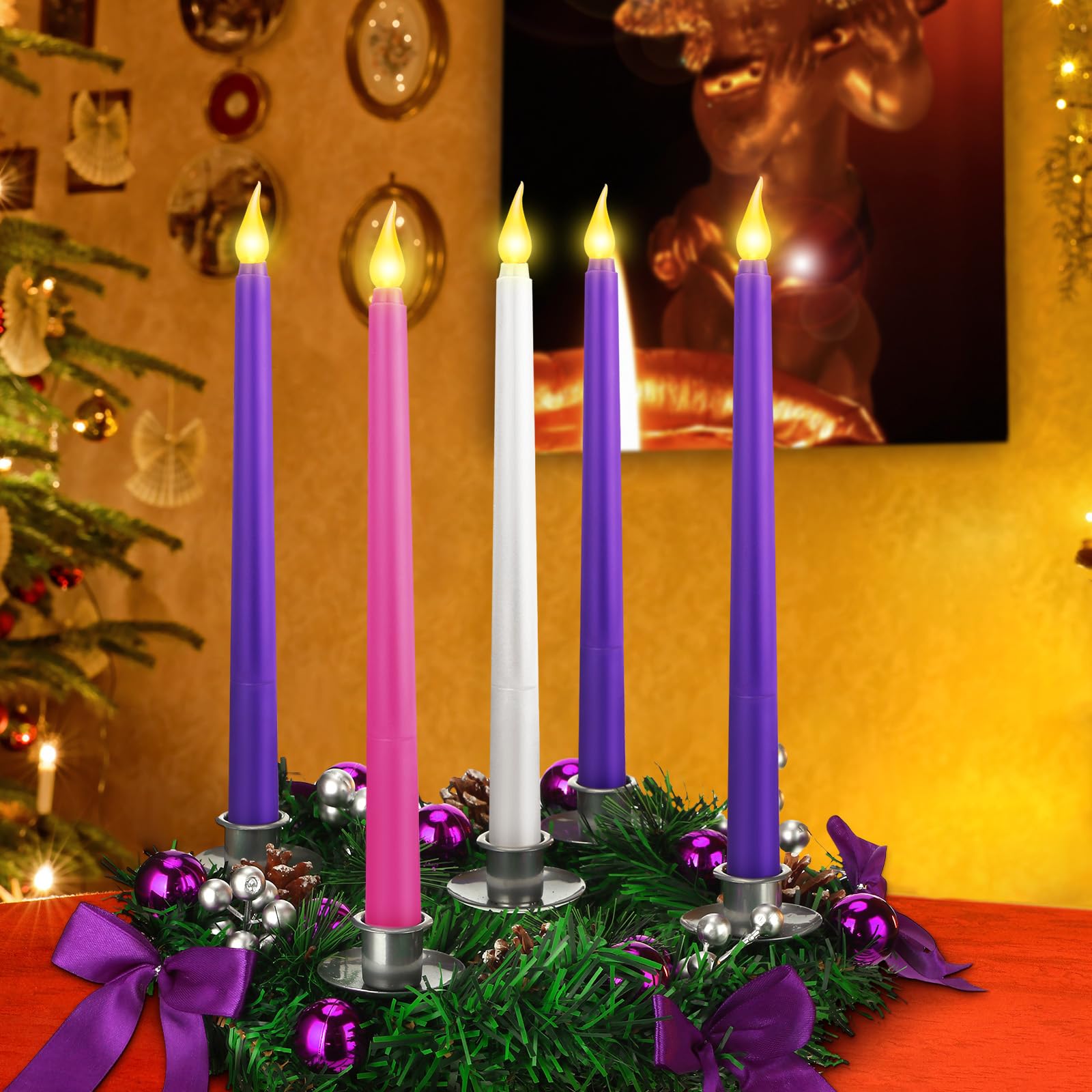 Tioncy 12 Inch Christmas Advent Wreath Candle Holder with 5 Flameless Candles Remote Control Wreaths Holder Centerpiece Decoration with Berries(Stylish,11 x 0.8 x 0.8 in) - Image 2