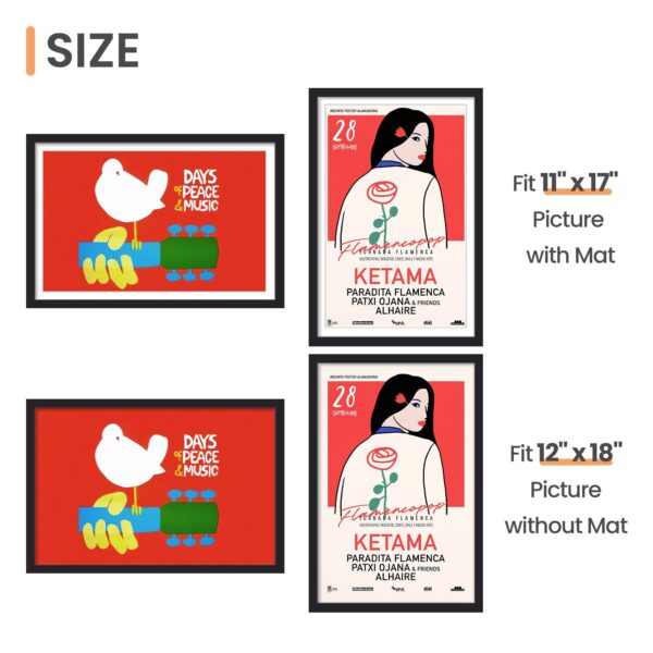 upsimples 12x18 Picture Frame, Display Pictures 11x17 with Mat or 12 x 18 Without, Wall Hanging Poster Frames, Black, 1 Pack - Image 3