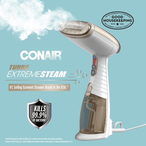 Conair Handheld Garment Steamer for Clothes, Turbo ExtremeSteam 1875W Fabric Steamer, Portable Handheld Design, Strong Penetrating Steam, Amazon Exclusive, White/Champagne - Image 2