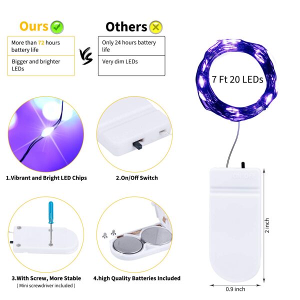 Halloween Purple Fairy String Lights: 12 Pack 7 Ft 20 LED Battery Operated Firefly Lights on Black Wire Starry Moon Lights for DIY Party Bedroom Patio - Image 7