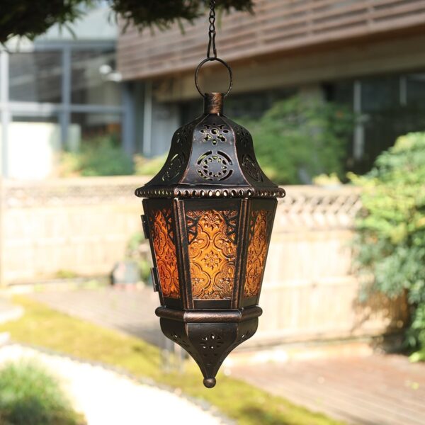 DECORKEY Moroccan Lantern Decorative Indoor & Outdoor, 13.6’’ Vintage Decorative Hanging Lanterns with Chian for Home Porch Patio Decor, Metal Ramadan Christmas Candle Holder Decorations (Amber) - Image 5