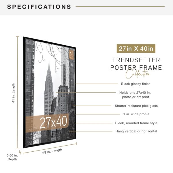 MCS Trendsetter Movie Poster Frame 27x40 Black High-Gloss, Vertical & Horizontal Wall Hanging Large Picture Frame for Photos, Artwork & Custom Posters (1-Pack) - Image 4